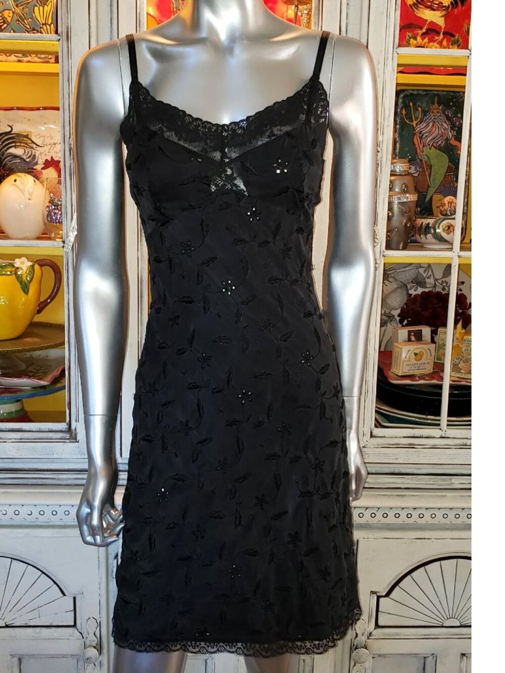 Vintage Betsey Johnson ULTRA Black Silk Embroidered Floral Lace Slip Dress Small - Picture 2 of 15
